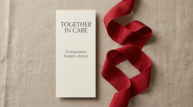 Elegant white care card with compassion inspires action text sits beside a vibrant red ribbon on a neutral linen texture backdrop, perfect for healthcare awareness and charity event promotion indeed
