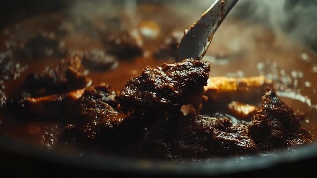 Close-up of cooking process, with emphasis on sauteed meat.