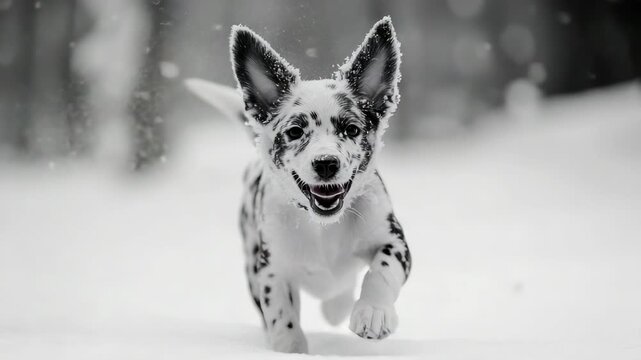 Joyful dalmatian dog romping in snowy landscape with trees