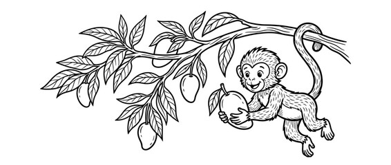 Cute monkey holding fruit on branch, isolated illustration