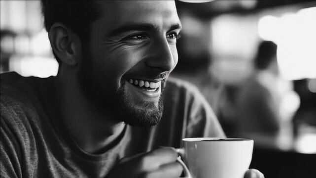 A cheerful man holding a coffee cup and smiling at the camera. He is seated indoors with blurred background.
