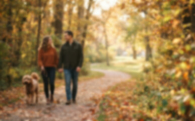 Fototapeta premium Couple walking their dog on a scenic autumn path through a colorful forest with falling leaves during golden hour