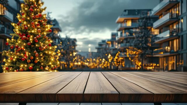 A beautifully decorated Christmas tree illuminated against the backdrop of a modern cityscape. The scene captures the festive spirit of urban holiday celebrations.