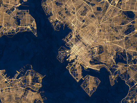 Poster illustrating the city map of Baltimore, Maryland &ndash; featuring golden filigree with a blue background for the water