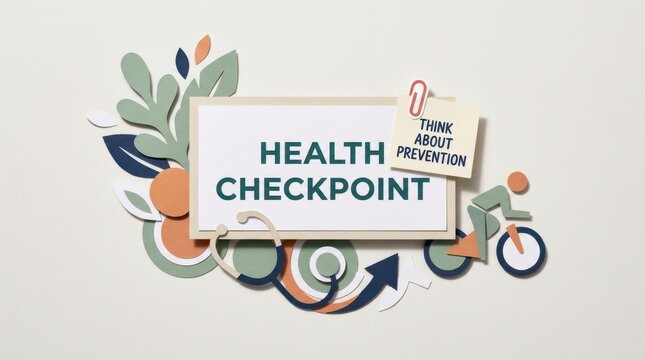 Modern paper cutout design showing health checkpoint text with medical symbols like a stethoscope and a cyclist representing an active healthy lifestyle for wellness and disease prevention today plus.