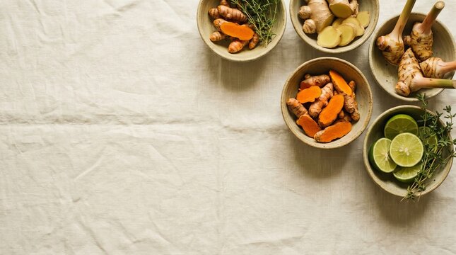 Traditional indonesian jamu herbal ingredients flat lay with copy