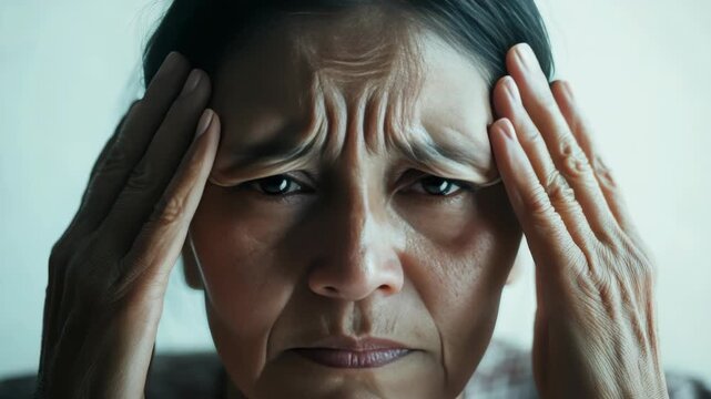 A woman experiencing head or headache discomfort massages her forehead with a slightly distressed facial expression. The captures a moment of physical and emotional stress.