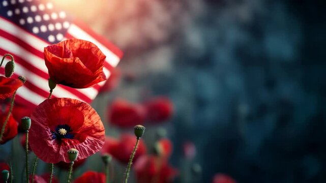 A close-up shot of red poppies with an American flag background celebrating Memorial Day.