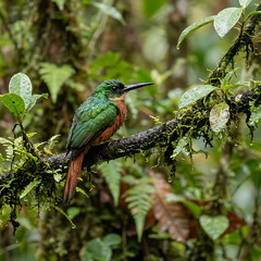 Fototapeta premium Tropical bird resting on a wet branch after rain