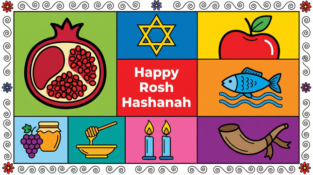 Rosh Hashanah, Rosh, Hashanah, joy, abundance, happy Rosh Hashanah, shana tova, shana, tova, happy shana tova, sweet, happy, colorful flat design poster for the Jewish New Year fea