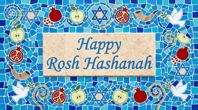 Rosh Hashanah, Rosh, Hashanah, joy, abundance, happy Rosh Hashanah, shana tova, shana, tova, happy shana tova, sweet, happy, beautiful mosaic art style greeting card for the Jewish