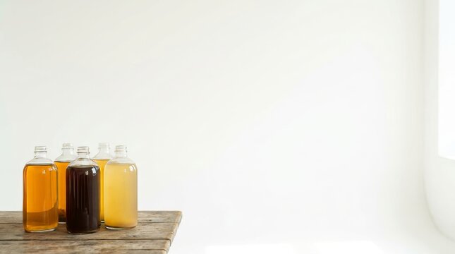 Traditional jamu herbal drink in glass bottle on wooden table