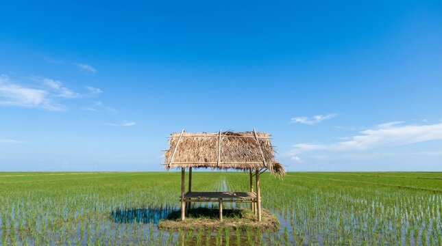 Traditional rice field shelter in green paddy