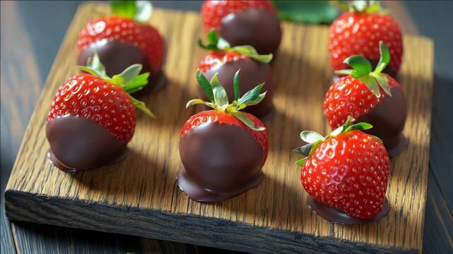 Chocolate covered strawberries on a wooden tray with a rustic background. Gourmet fruit dipped in chocolate.