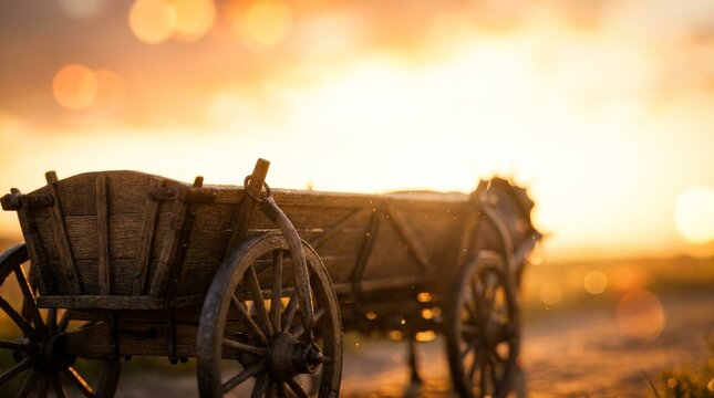 Traditional wooden horse cart on rural road at sunset