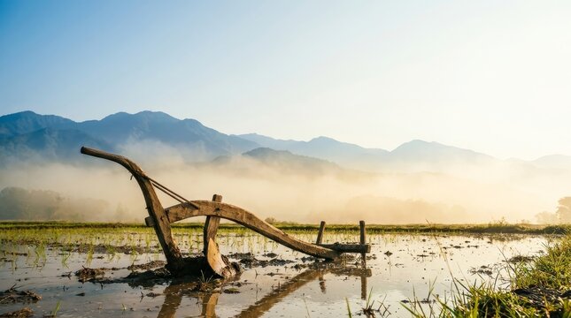 Traditional wooden plow in flooded rice field at sunrise