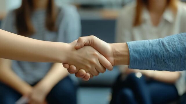 A professional business handshake between two people, while others watch