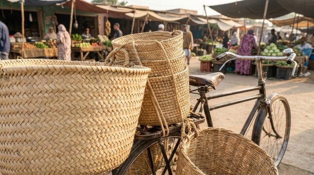 Traditional woven baskets on vintage bicycle in asian market