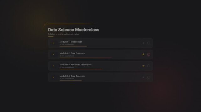 Data science masterclass syllabus interface with animated progress bars