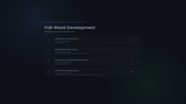 Full stack development online course dashboard interface with lesson modules