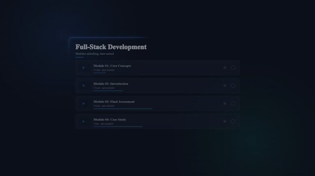 Full-stack development online course interface with interactive module list