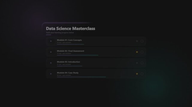 Data science masterclass interface showing online course module progress bar