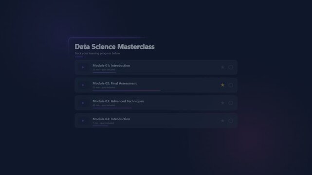 Data science masterclass interface with interactive learning course modules