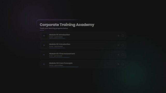 Corporate training academy interface with interactive learning module list