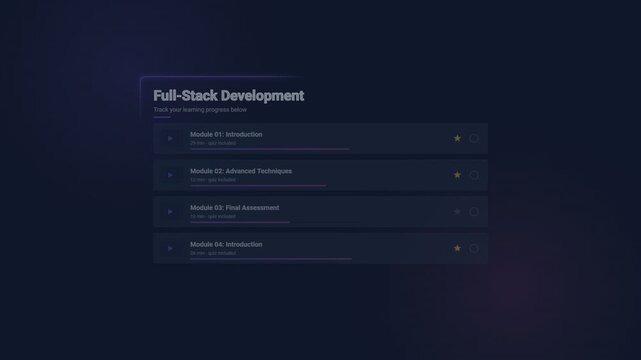 Full-stack development digital course modules interface with progress bars