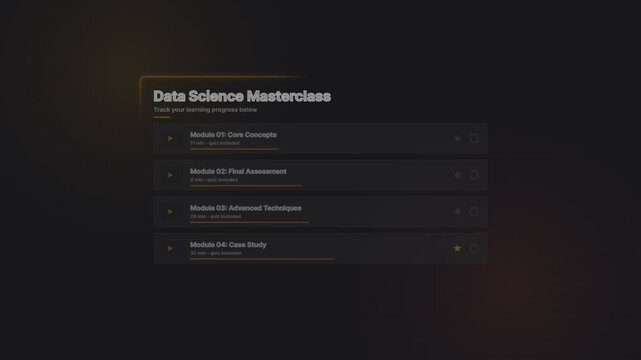 Data science masterclass interface showing online course curriculum modules