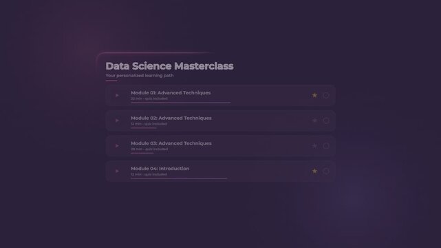 Data science masterclass interface with interactive learning path menu modules