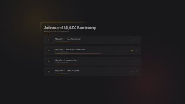 Advanced UI UX bootcamp interface with interactive course module progress bars