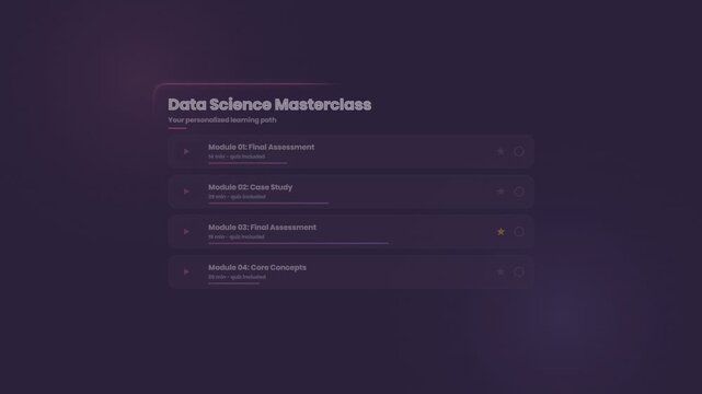 Data science masterclass learning path interface with progress bar animation