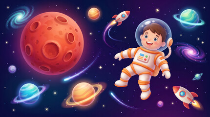 Naklejka premium Cheerful astronaut child floating in vibrant outer space with colorful planets and rockets