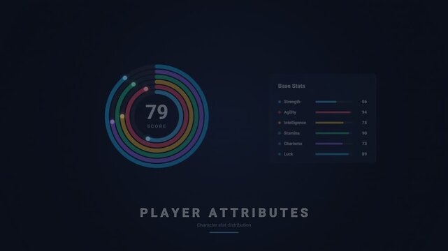 Player attributes dashboard with circular progress bars and statistics data
