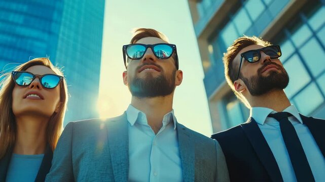 Four businesspeople in suits with sunglasses, smiling, standing side by side against a bright sky background.