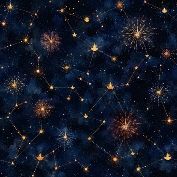 Seamless celestial pattern with constellations and fireworks in night sky