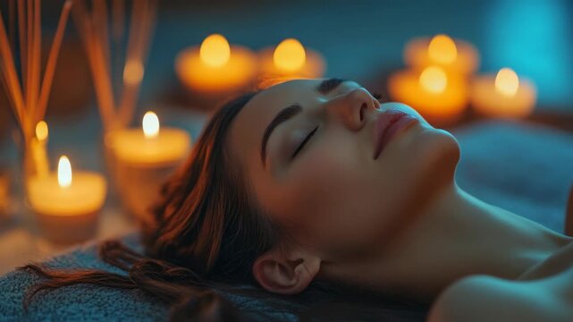 A serene of a woman meditating surrounded by candles on a soft surface. Her eyes are closed, and she appears relaxed and at peace.