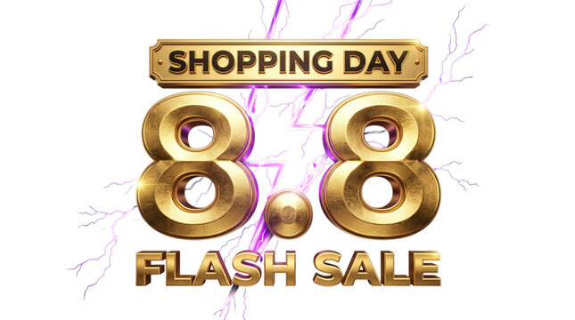 88 shopping day flash sale golden 3d text with purple lightning effect isolated on transparent background