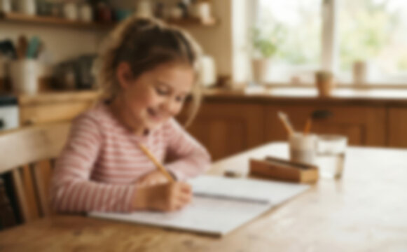 Young Caucasian girl writing in notebook at wooden kitchen table, representing homeschooling, childhood education, and remote learning concepts.