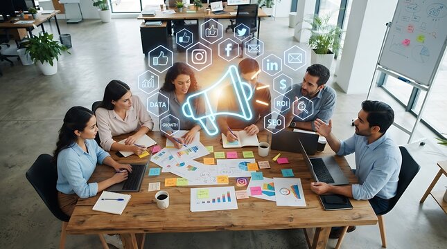 Professional team meeting with holographic megaphone and marketing icons