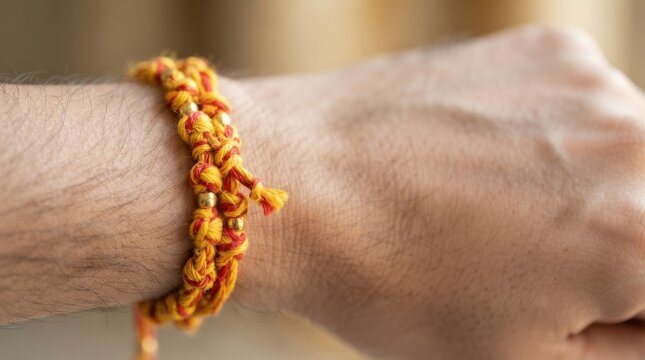 Hindu sacred red and yellow holy thread kalawa wristband tied on man wrist symbolizing protection and blessing during religious rituals and festivals