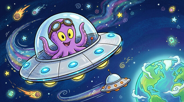Playful purple octopus alien piloting a glowing ufo in colorful outer space