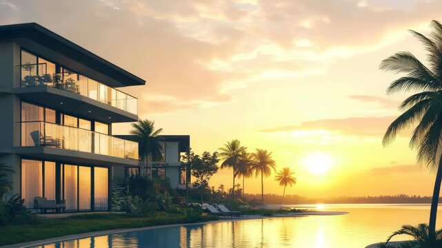 Luxurious beachfront resort with stunning sunset backdrop showcasing contemporary design and tropical scenery.
