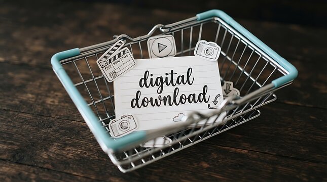 Digital download concept with small shopping basket on wooden table, download