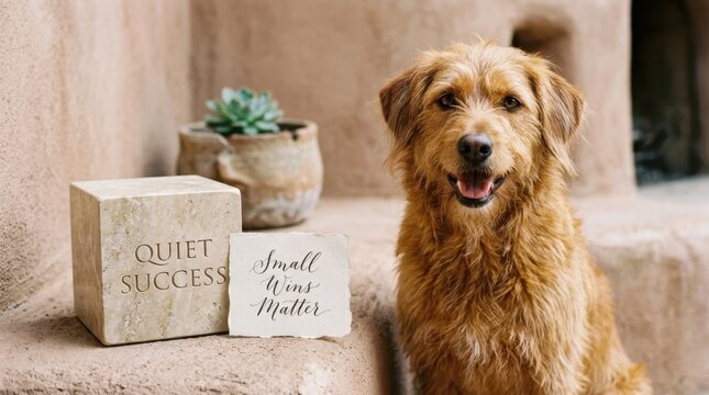 Brown scruffy dog sits calmly next to a success stone and a small wins matter quote card in a warm rustic setting with a succulent plant in the background, providing an inspiring and cozy atmosphere