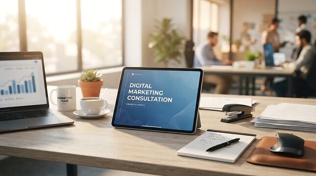 Digital finance and consolidation strategy on a tablet in a busy office