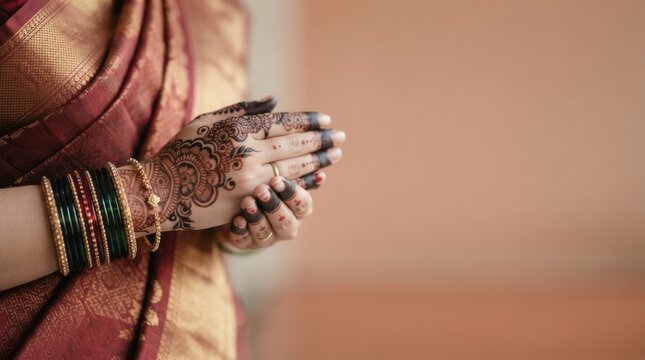 Traditional Indian bride with intricate henna mehendi design on hands wearing green and gold bangles and a silk saree for a cultural wedding ceremony