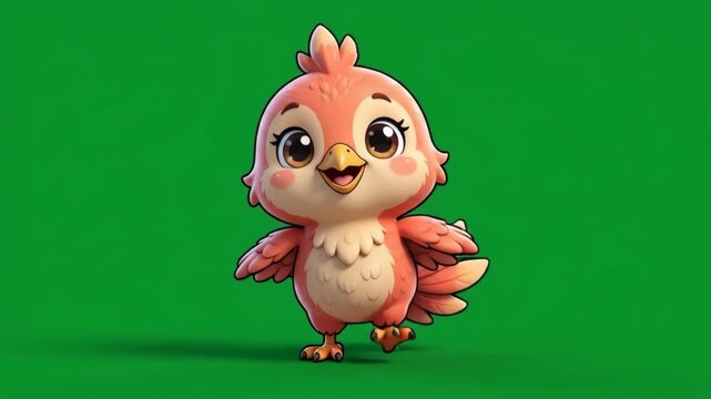 Adorable cartoon baby bird with big eyes walking on green screen background, cute chick character for children's media and educational content