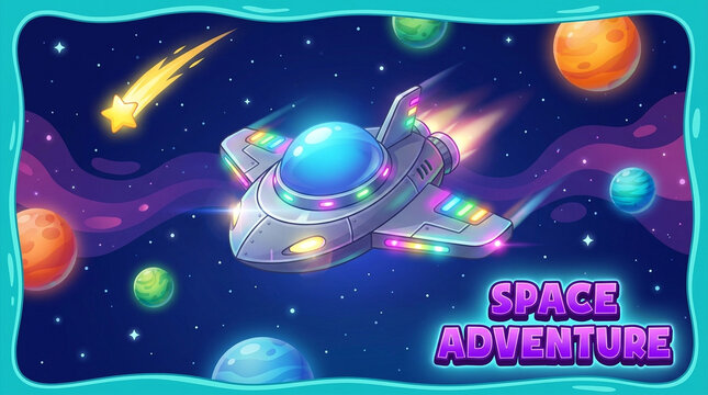 Colorful cartoon flying saucer in vibrant space adventure scene with planets and stars
